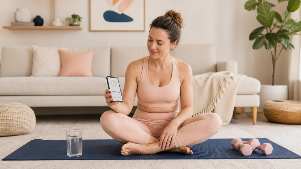 Woman using a beginner workout app at home beside a yoga mat and light dumbbells.