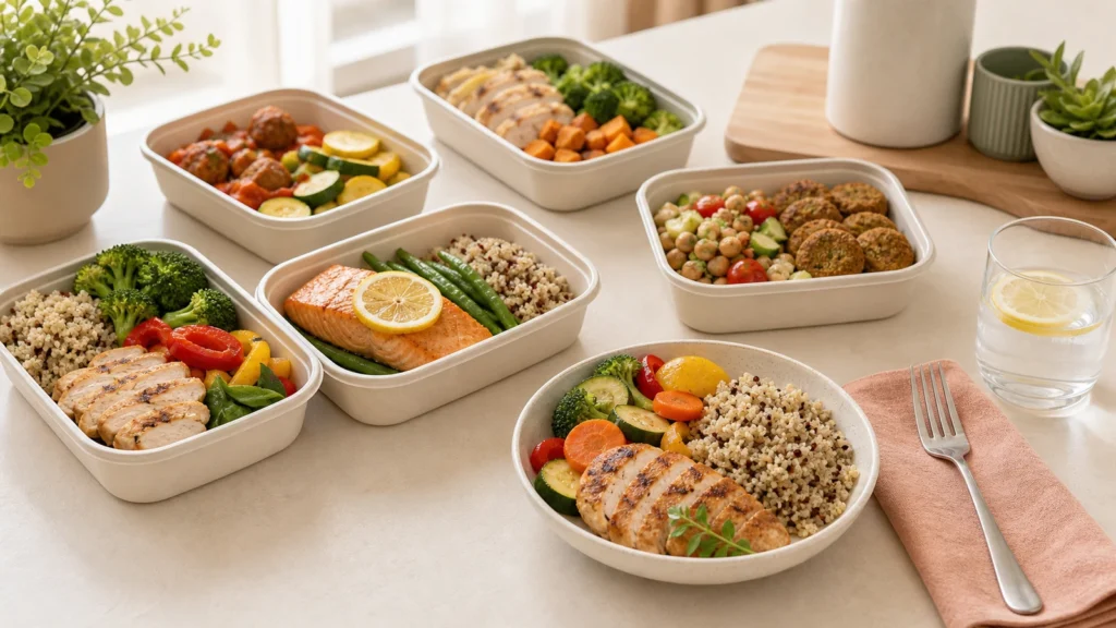Healthy prepared meal containers on a table for comparing meal delivery services.