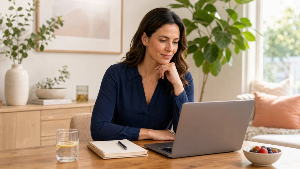Woman comparing wellness and weight loss program options at home.