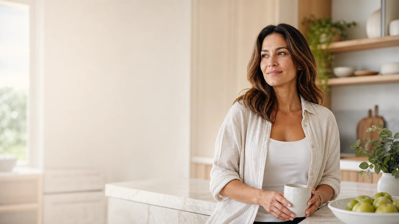 Confident woman in a bright modern home kitchen with calm natural light.