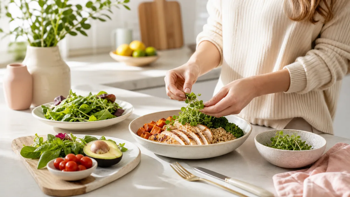 Balanced high-protein meal preparation on a clean kitchen counter in warm daylight.