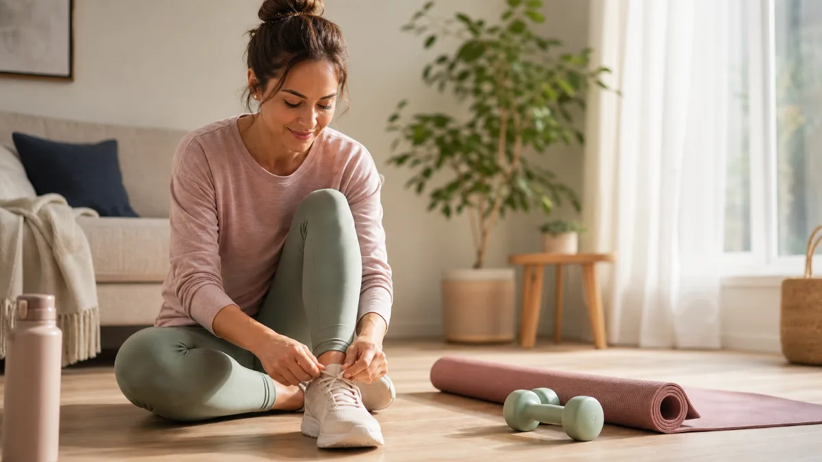 Woman putting on walking shoes beside a yoga mat and light home fitness equipment.