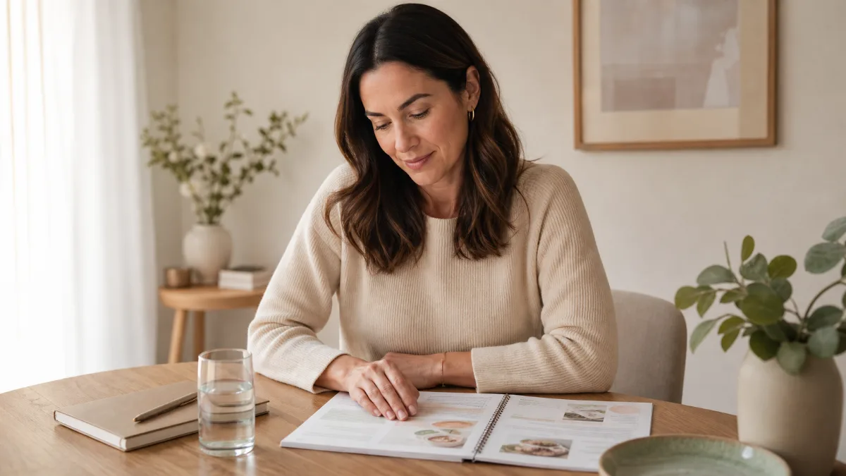 Woman reviewing a simple wellness plan at a table in a calm home setting.