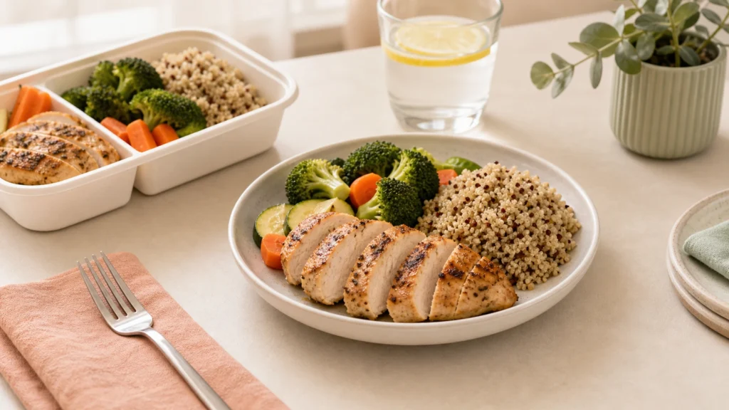Prepared healthy meal on a table representing a meal delivery service review.