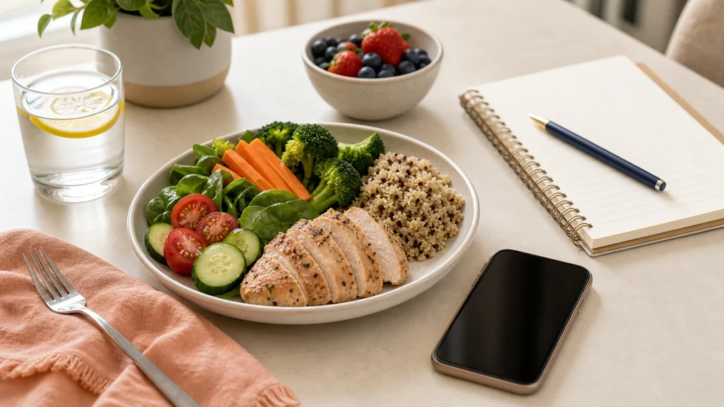 Phone, balanced meal, and notebook representing food awareness and weight loss planning.