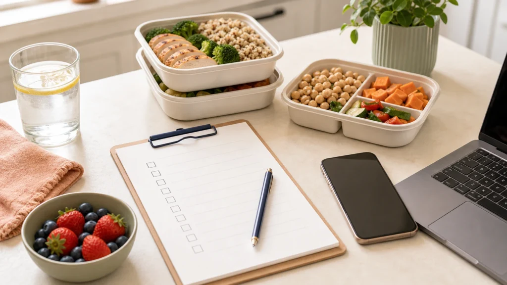 Checklist, meal containers, and nutrition information for choosing a meal delivery service.