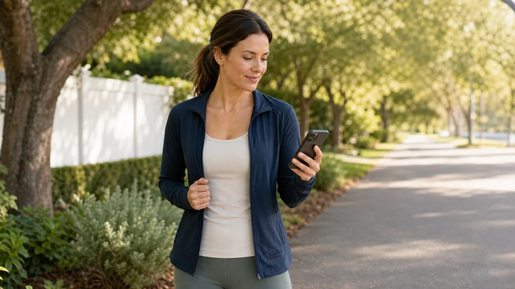 Woman using a walking tracker app before going for a walk outdoors.