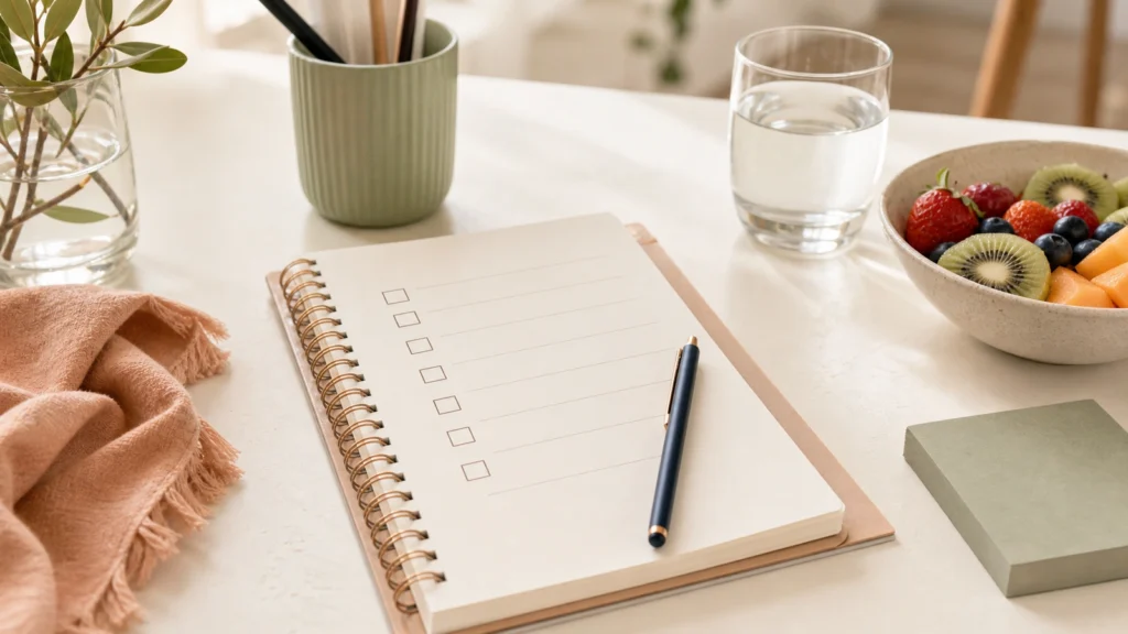 Notebook checklist and healthy snack used to plan a beginner weight loss program.